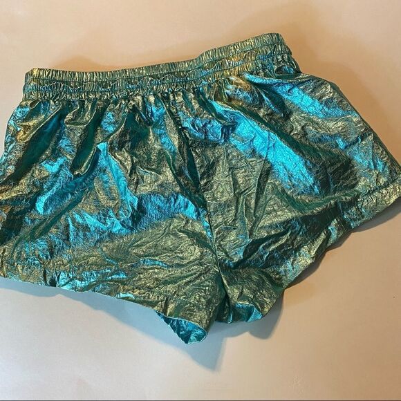 Forever 21 Metallic Foil Party dance aqua hi rise lined bootie shorts rave Small - Picture 10 of 11